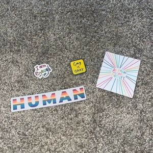 Two pride pins, and two stickers